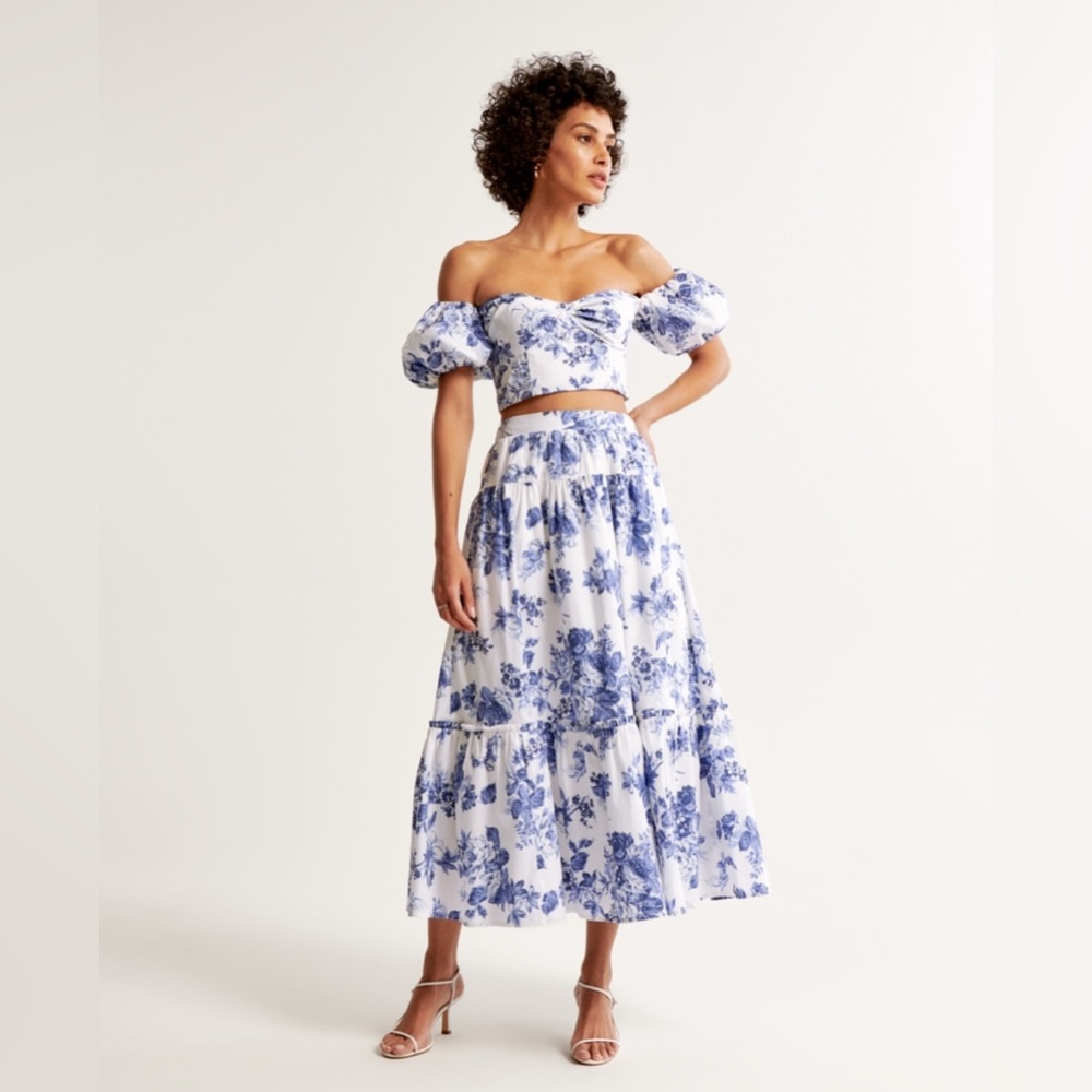 Abercrombie Poplin Off the Shoulder Top and Maxi Skirt Set Blue Floral | Size M